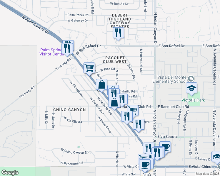 map of restaurants, bars, coffee shops, grocery stores, and more near 400 West Alvarado Road in Palm Springs