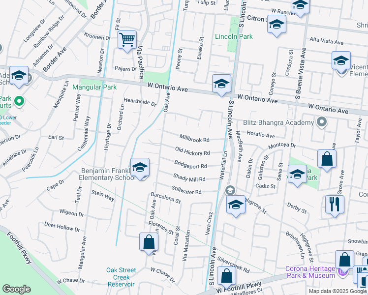 map of restaurants, bars, coffee shops, grocery stores, and more near 1268 Millbrook Road in Corona