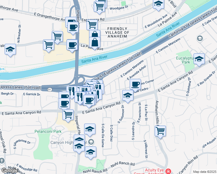 map of restaurants, bars, coffee shops, grocery stores, and more near in Anaheim