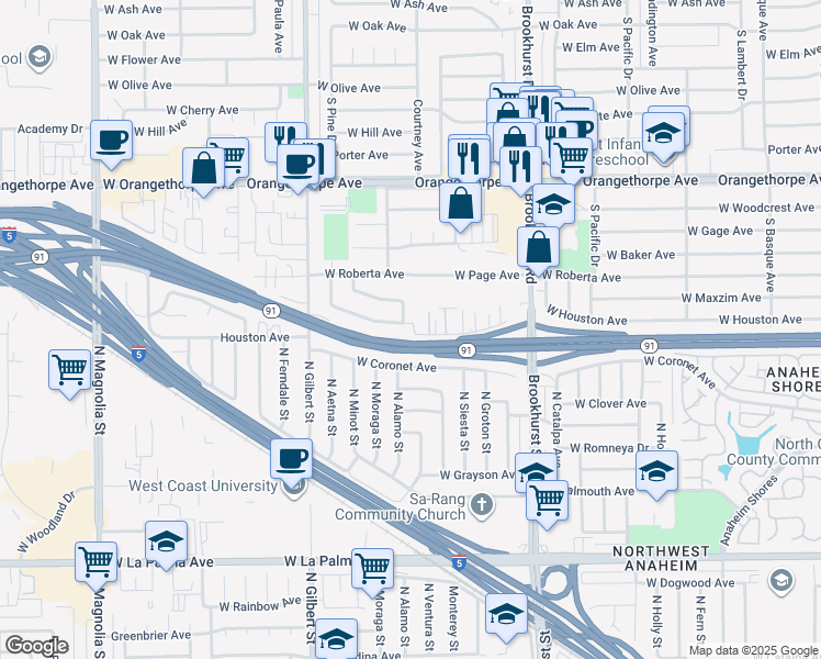 map of restaurants, bars, coffee shops, grocery stores, and more near 1607 South Courtney Avenue in Fullerton