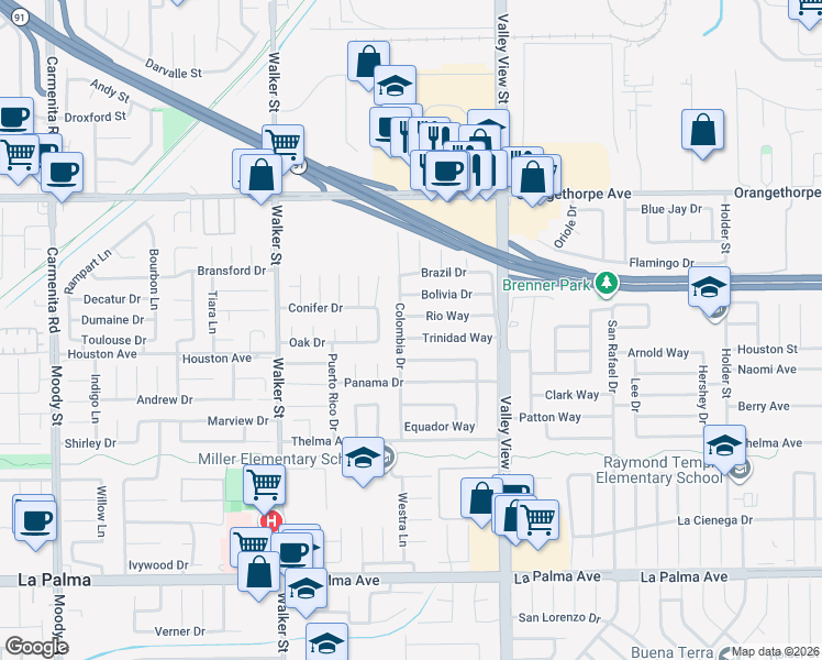 map of restaurants, bars, coffee shops, grocery stores, and more near 5785 Rio Way in Buena Park
