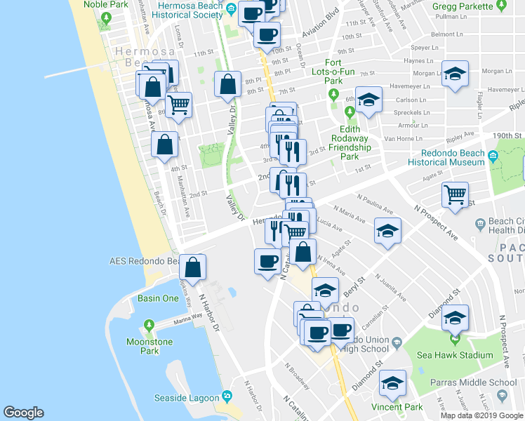 map of restaurants, bars, coffee shops, grocery stores, and more near 621 1st Street in Hermosa Beach