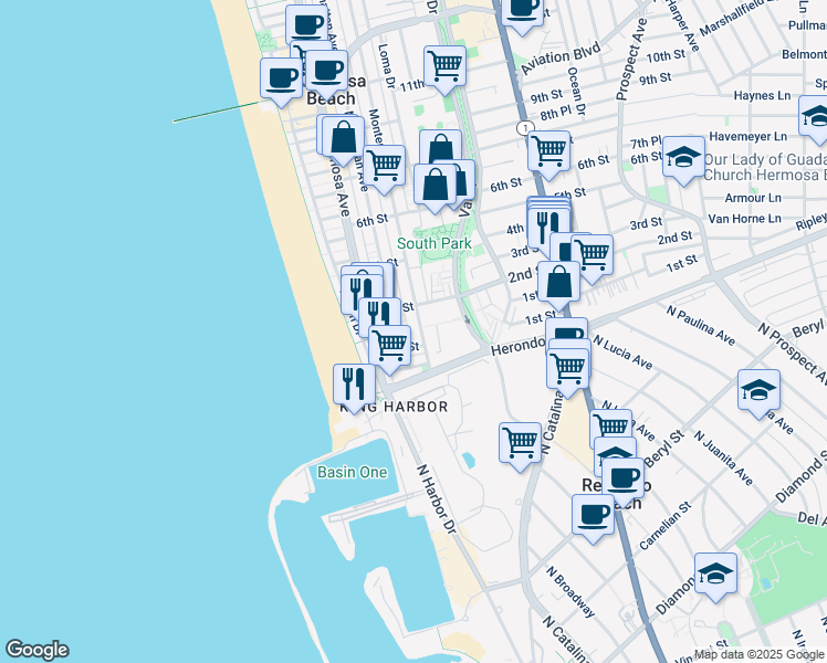 map of restaurants, bars, coffee shops, grocery stores, and more near 178 Bayview Drive in Hermosa Beach