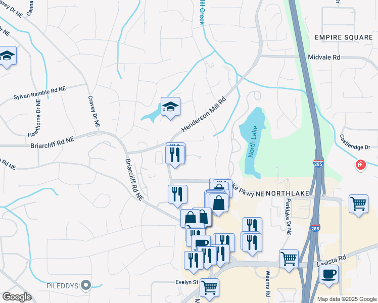 map of restaurants, bars, coffee shops, grocery stores, and more near 3193 Amblewood Court in Atlanta