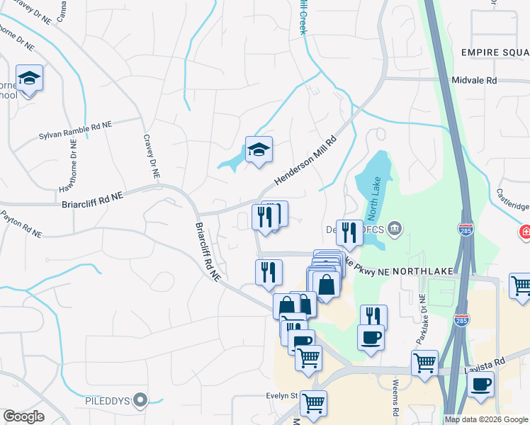 map of restaurants, bars, coffee shops, grocery stores, and more near 3193 Amblewood Court in Atlanta