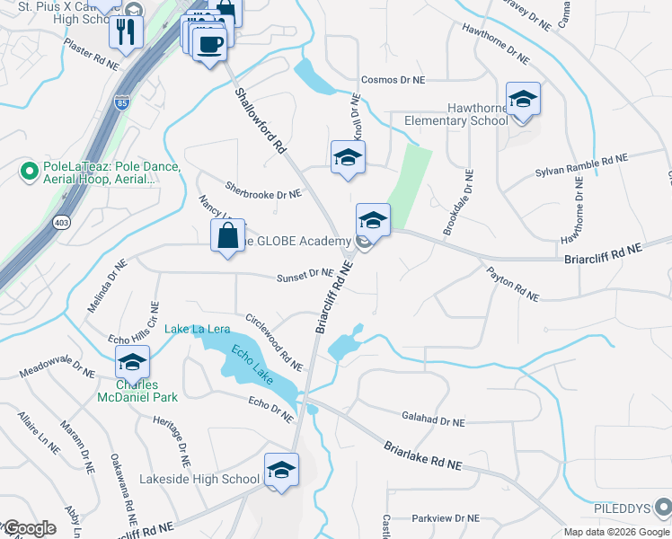 map of restaurants, bars, coffee shops, grocery stores, and more near 2308 Shallowford Road in Atlanta