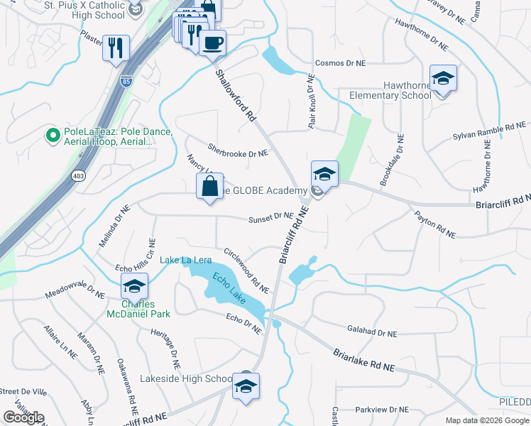 map of restaurants, bars, coffee shops, grocery stores, and more near 2574 Sunset Drive Northeast in Atlanta