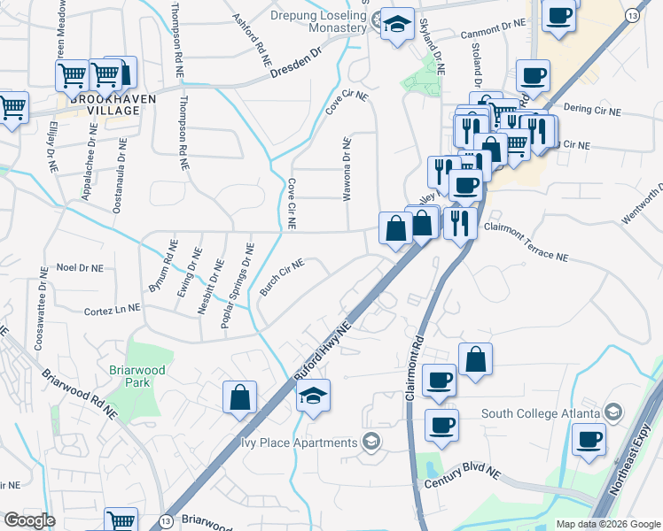 map of restaurants, bars, coffee shops, grocery stores, and more near 2394 Burch Circle Northeast in Atlanta