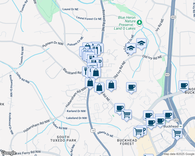 map of restaurants, bars, coffee shops, grocery stores, and more near 50 Old Ivy Road Northeast in Atlanta