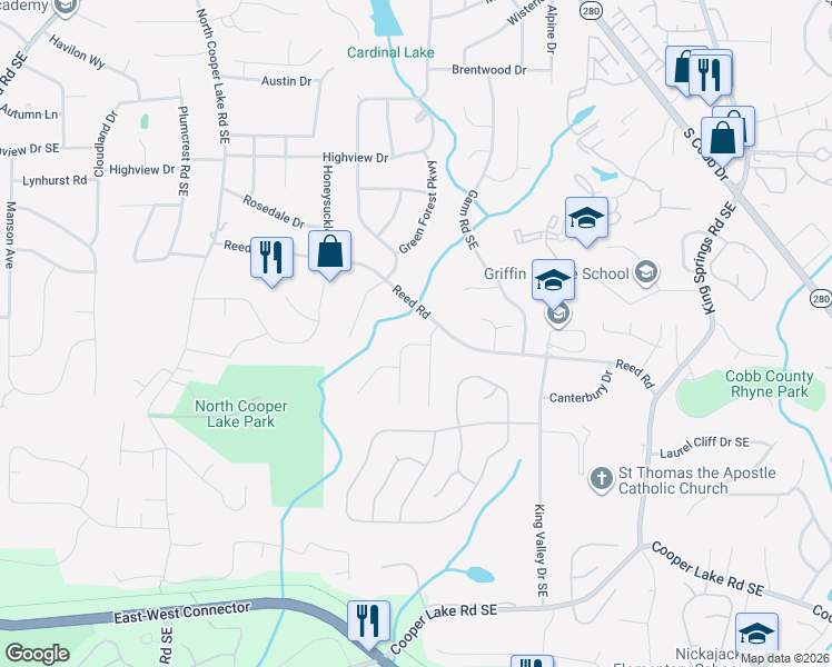 map of restaurants, bars, coffee shops, grocery stores, and more near 850 Reed Road in Smyrna