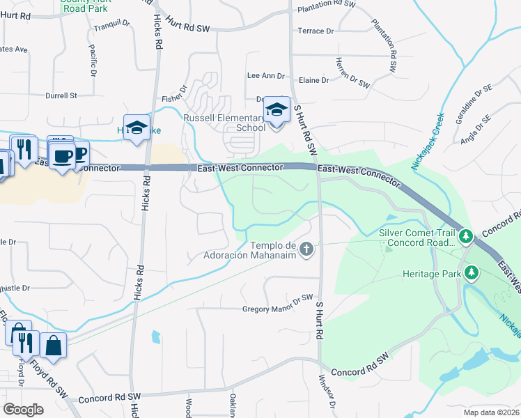map of restaurants, bars, coffee shops, grocery stores, and more near 4095 Hill House Road Southwest in Smyrna