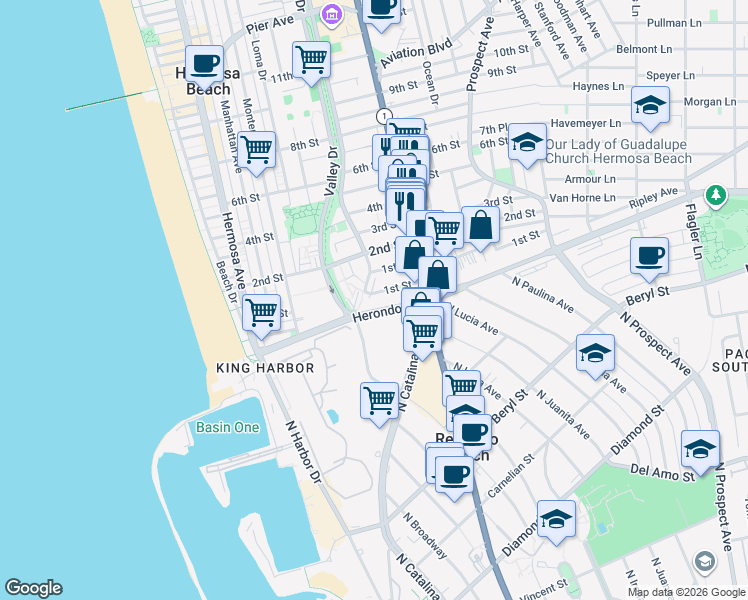 map of restaurants, bars, coffee shops, grocery stores, and more near 621 1st Street in Hermosa Beach