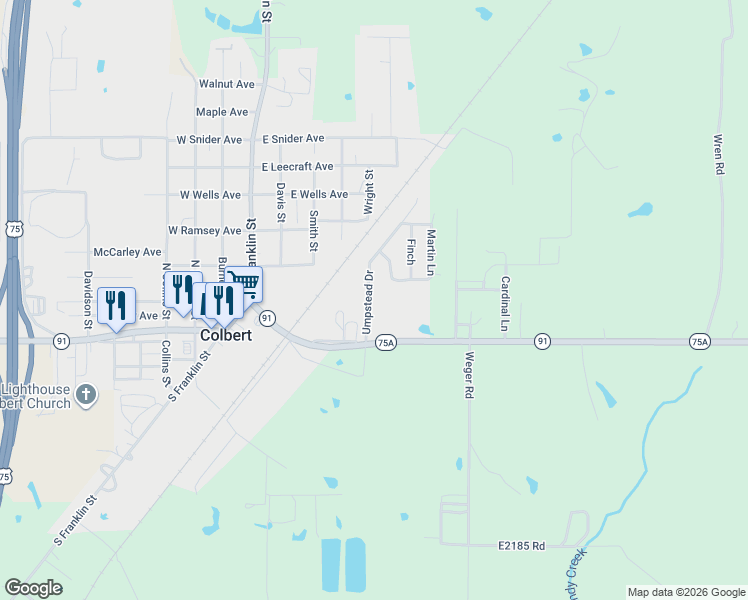 map of restaurants, bars, coffee shops, grocery stores, and more near 211 Umstead Avenue in Colbert