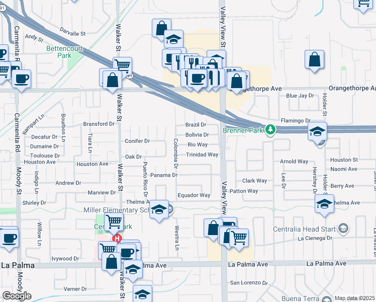 map of restaurants, bars, coffee shops, grocery stores, and more near 5805 Trinidad Way in Buena Park