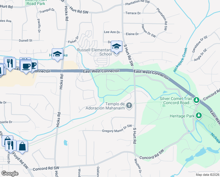 map of restaurants, bars, coffee shops, grocery stores, and more near 4095 Hill House Road Southwest in Smyrna