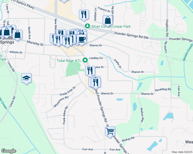 map of restaurants, bars, coffee shops, grocery stores, and more near 4079 Austell Powder Springs Road in Powder Springs