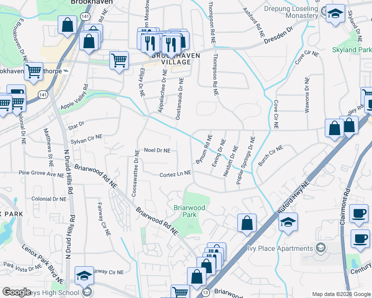 map of restaurants, bars, coffee shops, grocery stores, and more near 2381 Drew Valley Road Northeast in Brookhaven