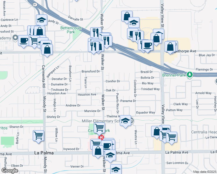 map of restaurants, bars, coffee shops, grocery stores, and more near 7442 Susan Circle in La Palma