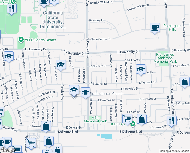 map of restaurants, bars, coffee shops, grocery stores, and more near 19301 Pricetown Avenue in Carson
