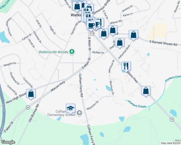 map of restaurants, bars, coffee shops, grocery stores, and more near 69 Colham Ferry Extension in Watkinsville