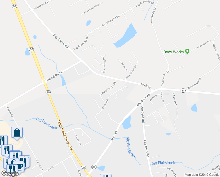 map of restaurants, bars, coffee shops, grocery stores, and more near Laurel Bay Drive Southeast in Loganville