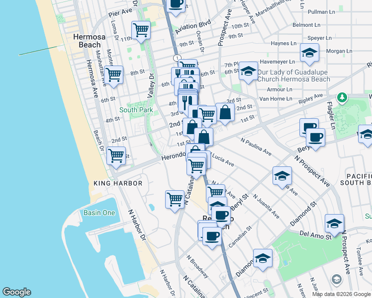 map of restaurants, bars, coffee shops, grocery stores, and more near 901 Pacific Coast Highway in Redondo Beach