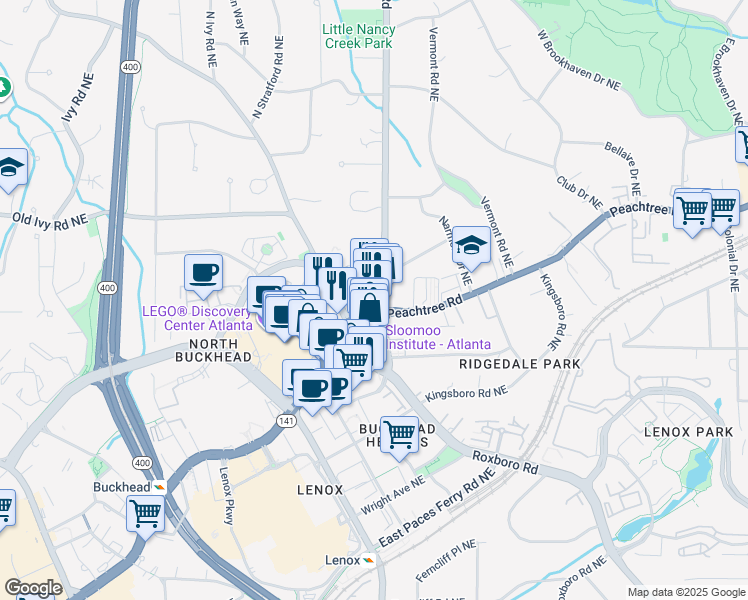 map of restaurants, bars, coffee shops, grocery stores, and more near 3630 Peachtree Road Northeast in Atlanta