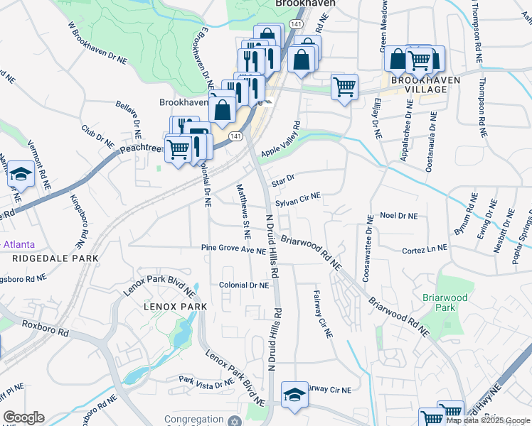map of restaurants, bars, coffee shops, grocery stores, and more near 1211 Thornwell Drive Northeast in Atlanta