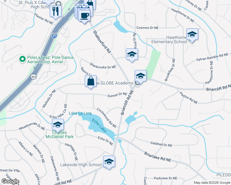 map of restaurants, bars, coffee shops, grocery stores, and more near 2574 Sunset Drive Northeast in Atlanta
