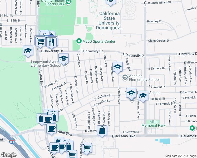 map of restaurants, bars, coffee shops, grocery stores, and more near 19426 Belshaw Avenue in Carson