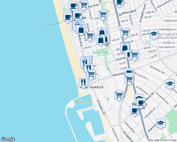 map of restaurants, bars, coffee shops, grocery stores, and more near 150 Hermosa Avenue in Hermosa Beach
