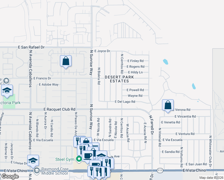 map of restaurants, bars, coffee shops, grocery stores, and more near 2750 North Chuperosa Road in Palm Springs