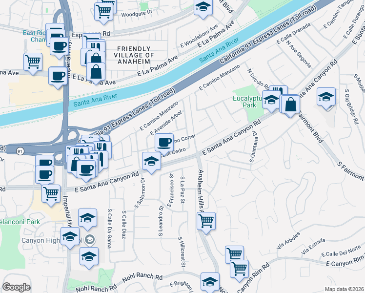 map of restaurants, bars, coffee shops, grocery stores, and more near 6088 East Camino Correr in Anaheim