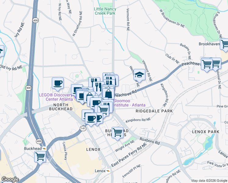 map of restaurants, bars, coffee shops, grocery stores, and more near 3636 Peachtree Road Northeast in Atlanta