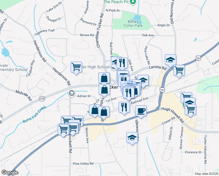 map of restaurants, bars, coffee shops, grocery stores, and more near in Tucker