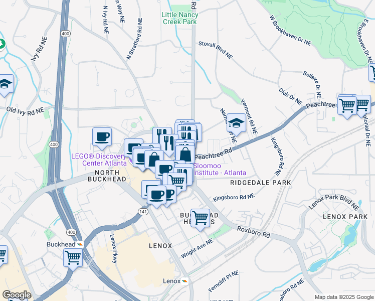 map of restaurants, bars, coffee shops, grocery stores, and more near 3630 Peachtree Road Northeast in Atlanta