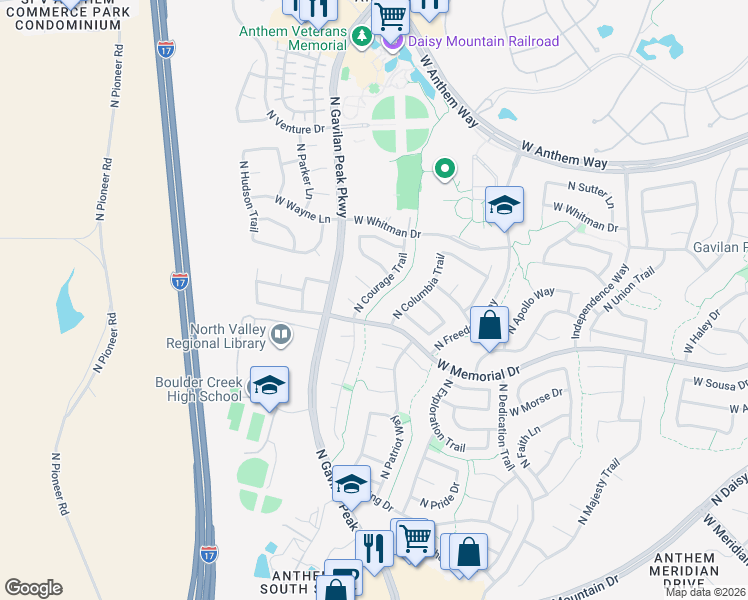 map of restaurants, bars, coffee shops, grocery stores, and more near 40827 North Courage Trail in New River