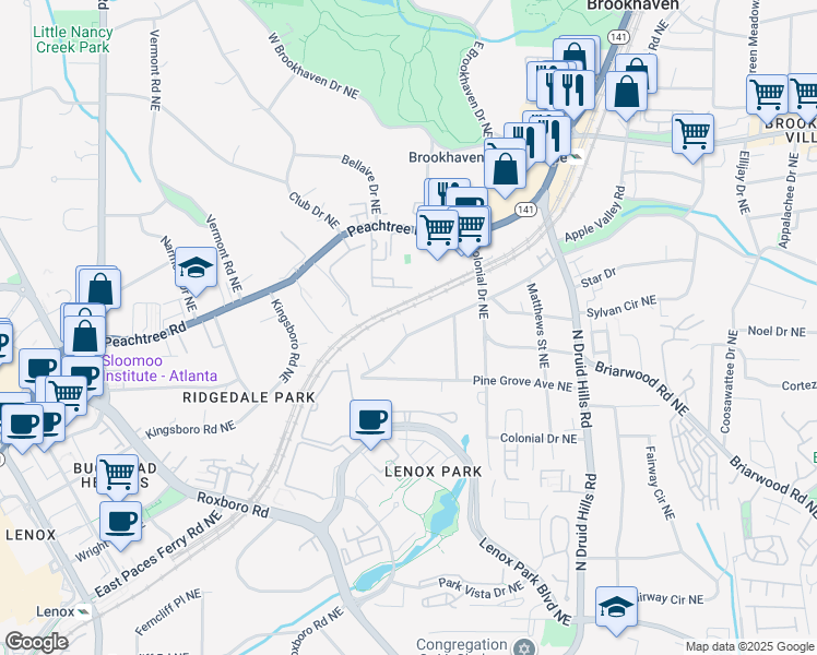map of restaurants, bars, coffee shops, grocery stores, and more near 1070 Standard Drive Northeast in Atlanta