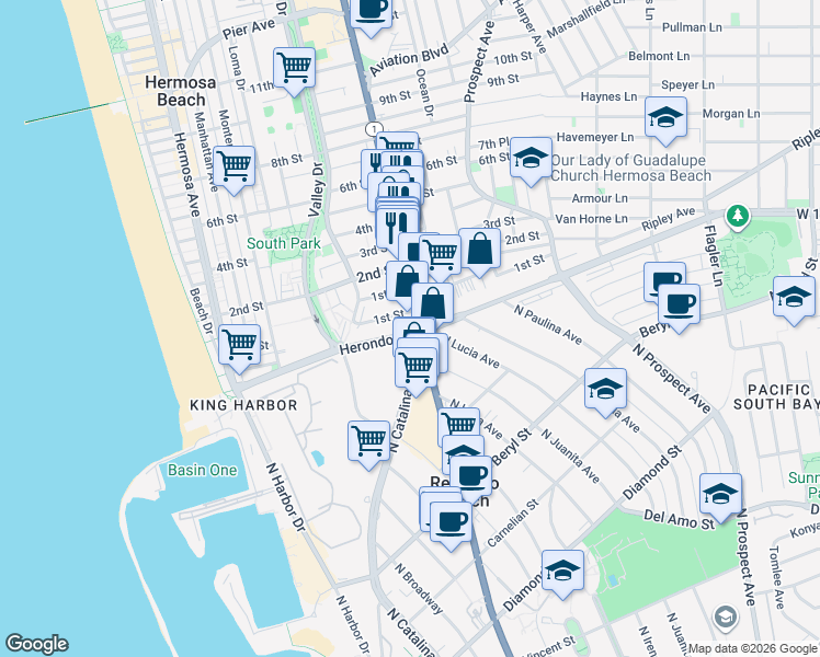 map of restaurants, bars, coffee shops, grocery stores, and more near 901 Pacific Coast Highway in Redondo Beach