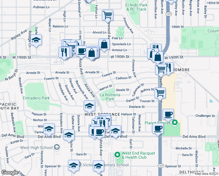 map of restaurants, bars, coffee shops, grocery stores, and more near 4739 Narrot Street in Torrance