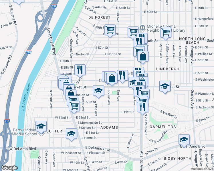 map of restaurants, bars, coffee shops, grocery stores, and more near 275 East Market Street in Long Beach