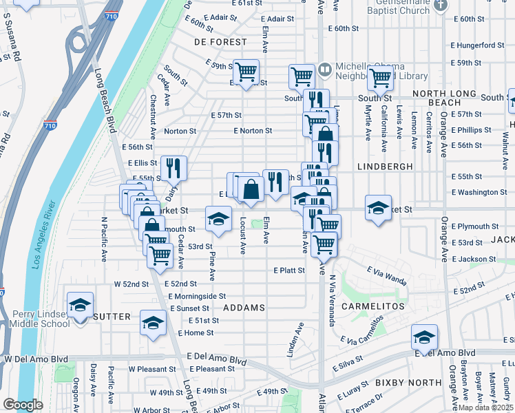 map of restaurants, bars, coffee shops, grocery stores, and more near 310 East Louise Street in Long Beach