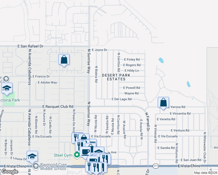 map of restaurants, bars, coffee shops, grocery stores, and more near 2750 North Chuperosa Road in Palm Springs
