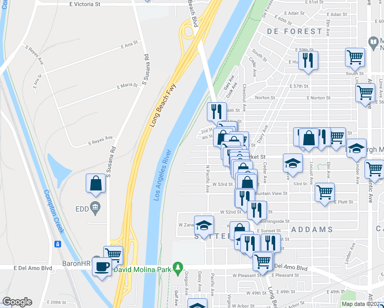 map of restaurants, bars, coffee shops, grocery stores, and more near 161 West Market Street in Long Beach