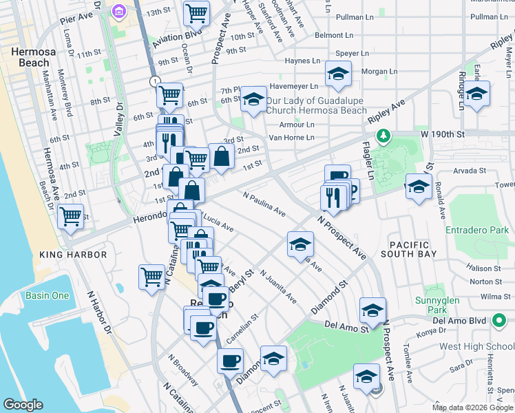 map of restaurants, bars, coffee shops, grocery stores, and more near 807 North Paulina Avenue in Redondo Beach