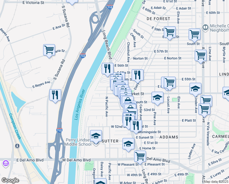map of restaurants, bars, coffee shops, grocery stores, and more near 31 West Market Street in Long Beach