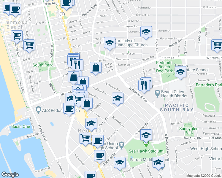 map of restaurants, bars, coffee shops, grocery stores, and more near 807 North Paulina Avenue in Redondo Beach