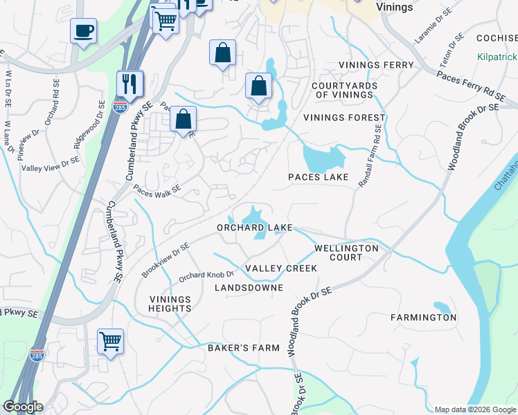map of restaurants, bars, coffee shops, grocery stores, and more near 4109 Orchard Lake Court Southeast in Atlanta