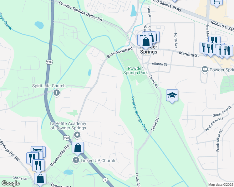 map of restaurants, bars, coffee shops, grocery stores, and more near 4080 Wylie Lane in Powder Springs
