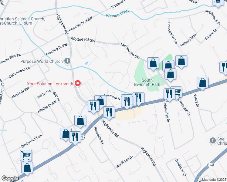map of restaurants, bars, coffee shops, grocery stores, and more near 3103 Redwood Grove Park in Snellville